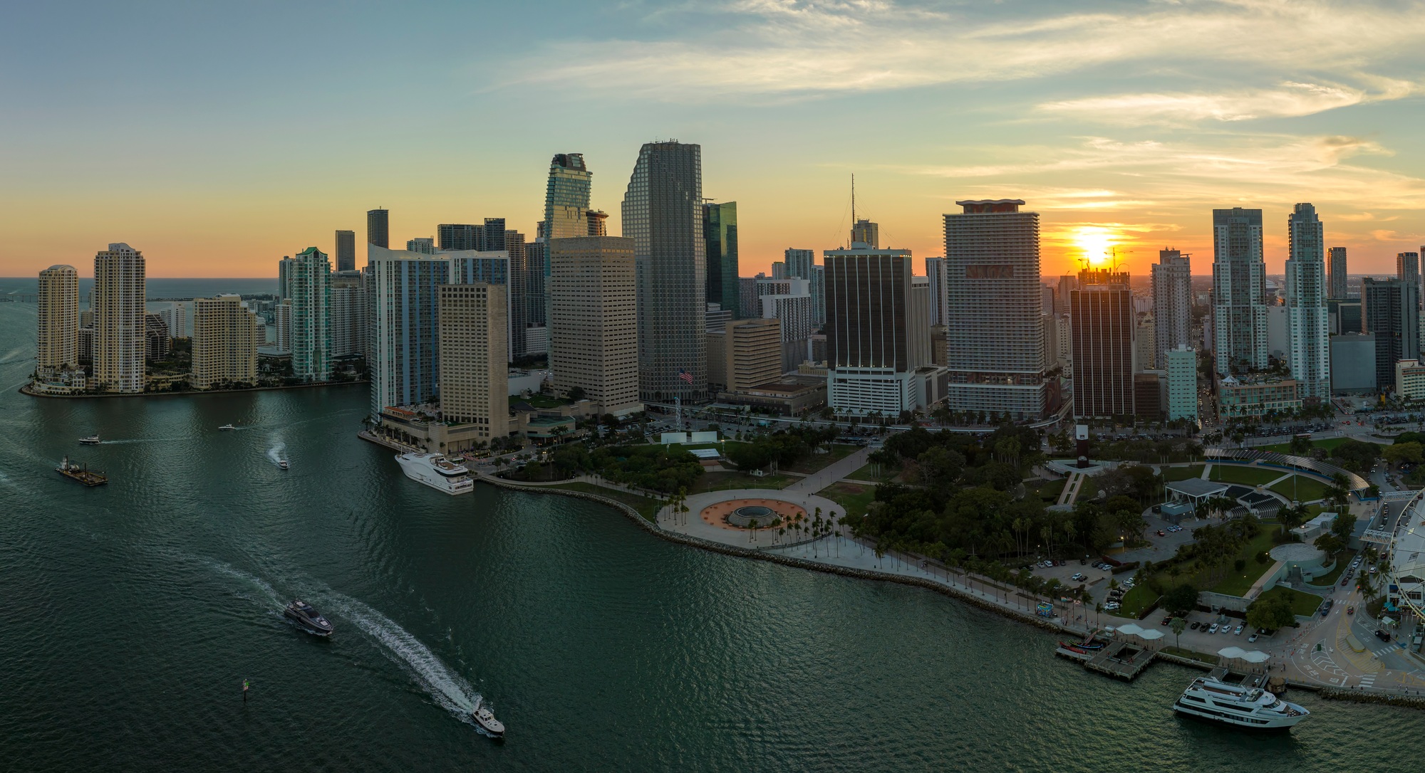 Evening urban landscape of downtown district of Miami Brickell in Florida, USA.